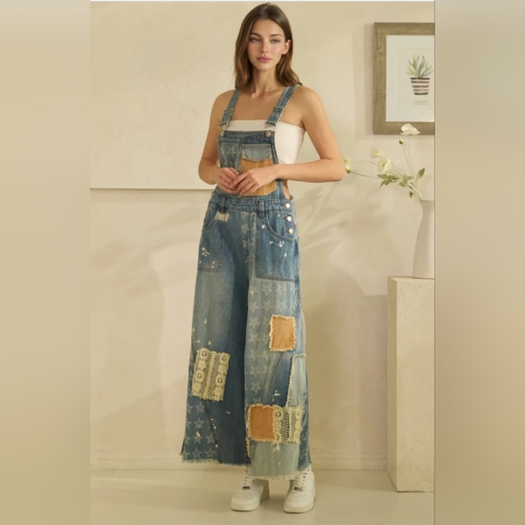 #1374 Oli & Hali Boho Starlight Patchwork Wide-Leg Denim Overalls - Picture 4 of 8
